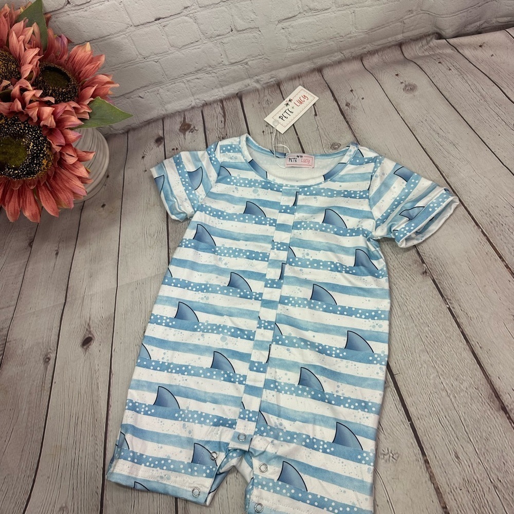 Pete & Lucy NWT boutique Blue White Striped Nautical Bodysuit sharks sz 12-18M